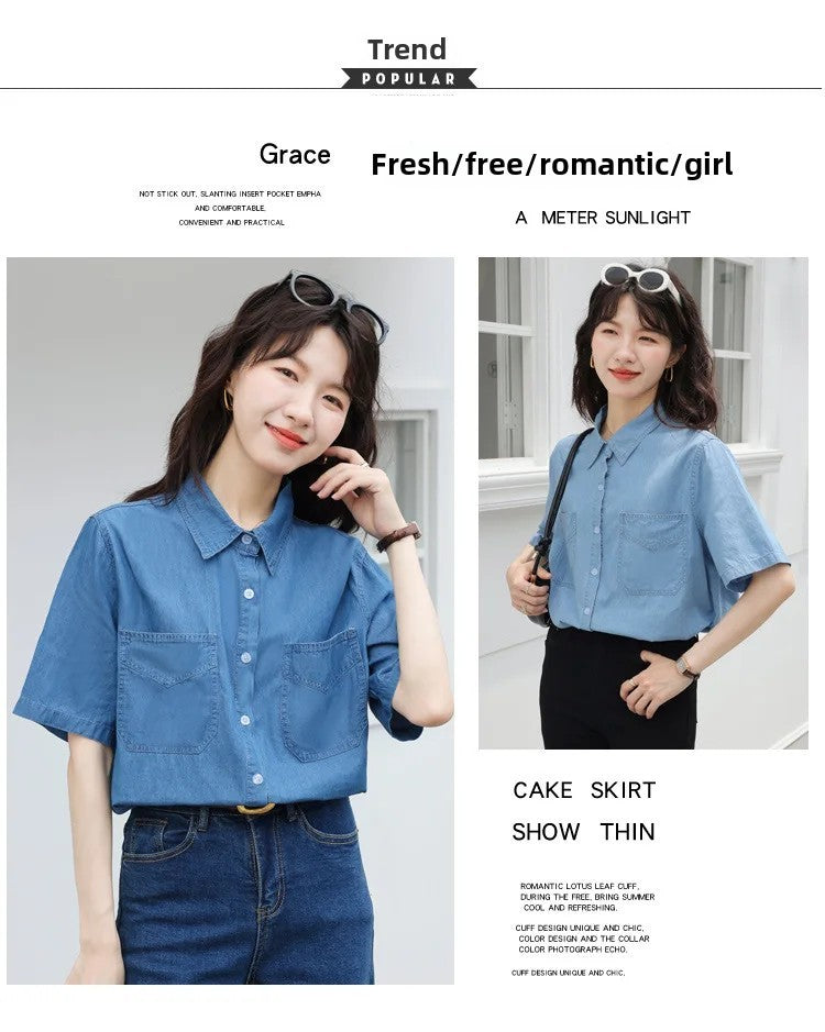 Vintageblueshort Sleeves Thin Denim Shirt 2024 Summer New Casual Loose-Fit Hong Kong Style Petite Top For Women