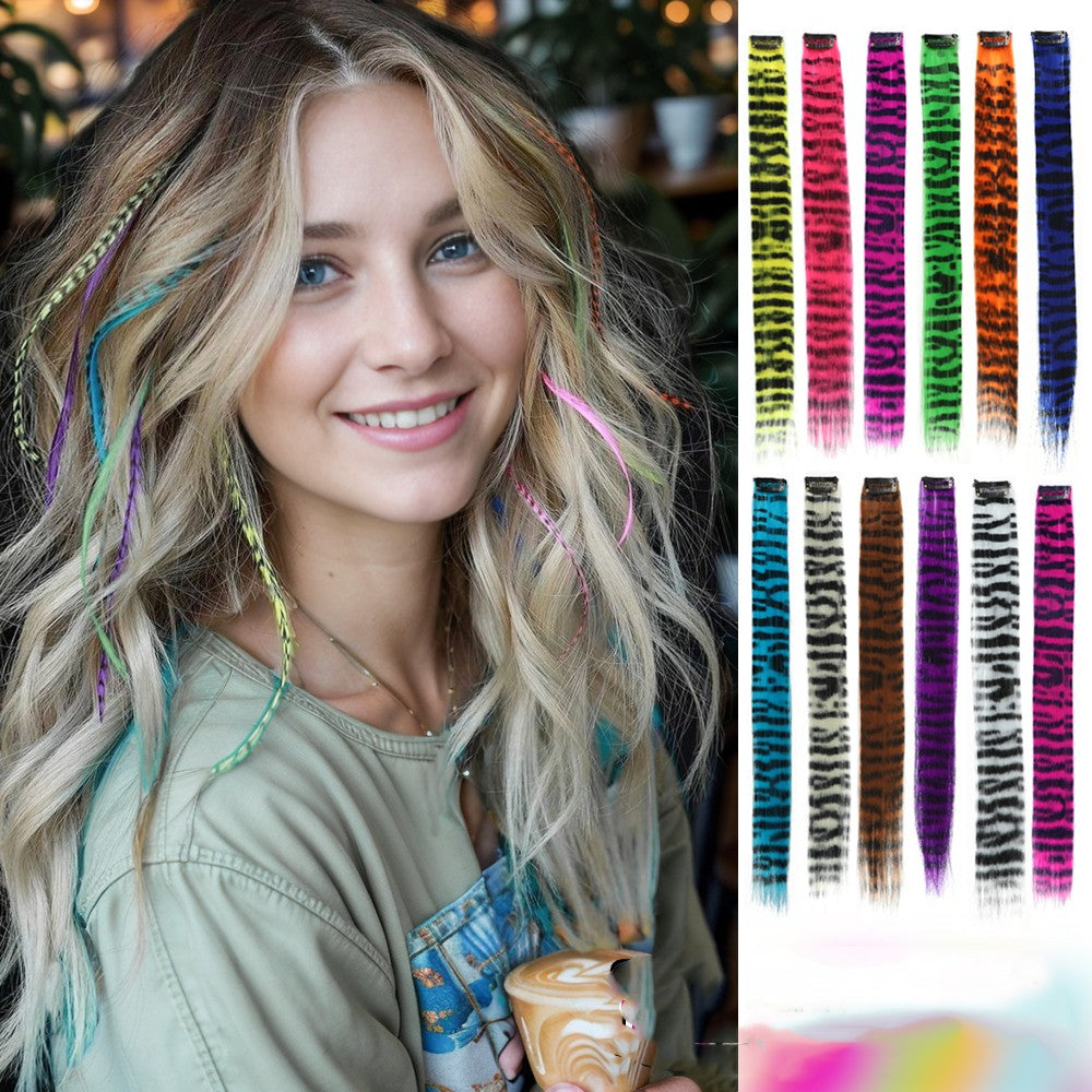 Conjunto de 3 Peças com Estampa Listrada, Cabelo Longo e Liso Colorido, Aplique de Cabelo Sintético com Presilha para Uso Diário, Festa e Halloween
