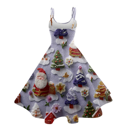 High Quality Cute Women's Casual Fashion Round Neck Christmas Print Mid-Length Dress Pretty Sweet Christmas Suspender Dress