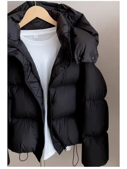Hooded Cotton Jacket Women 2024 New Thickened Warm Long Sleeved Outwear Winter Korean Loose Solid Color Versatile Short Coat