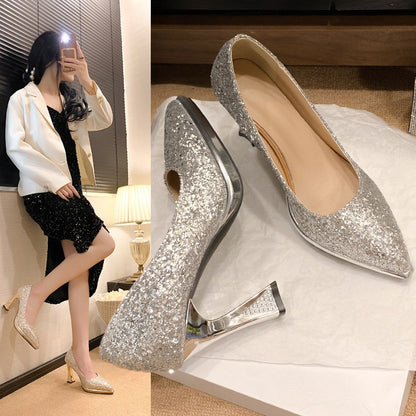 Fashion Sequined Women Pumps 2024New Women's Shoes Pointed Toe Shallow Mouth Shoes Female Comfort Women High Heels spring autumn