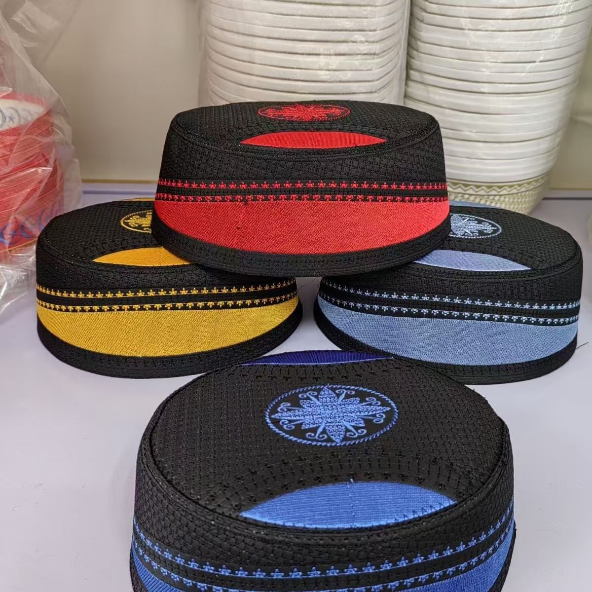 Muslim Wedding Hats Men Embroidered Flat Tops Eid Ramadam Prayer Ethnic Cultural Islamic Hat Gift Bonnet Turky Blue Gold Caps