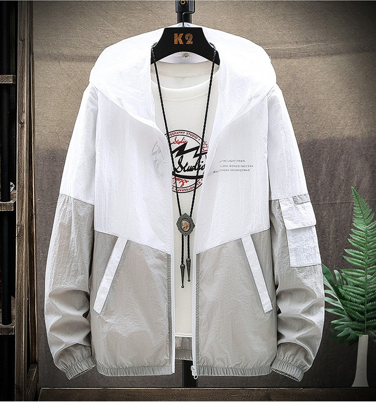 Summer Men's Sun Protection Shirt Thin Quick Drying Hood Windproof Jacket Breathable Letter Print Casual and Versatile Cardigan