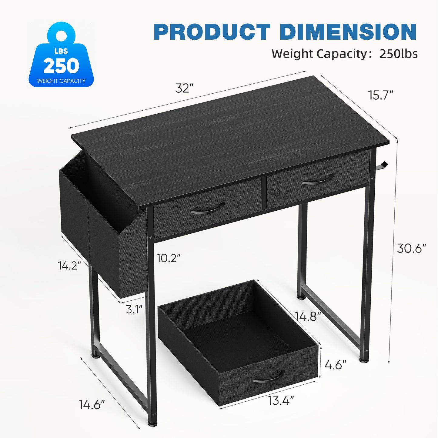 Mesa de computador moderna para escritório JHK 32 polegadas com gavetas de armazenamento de tecido, bolsa lateral, estrutura de metal e pés ajustáveis para mesa de PC doméstica