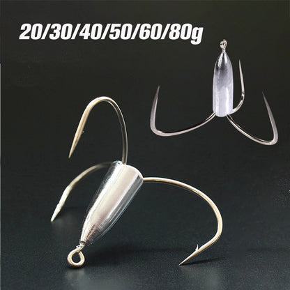Anzóis de Pesca Triplos Prateados de Aço Carbono com Farpa 20g/30g/40g/50g/60g/80g Agulha de Pesca Acessórios de Pesca