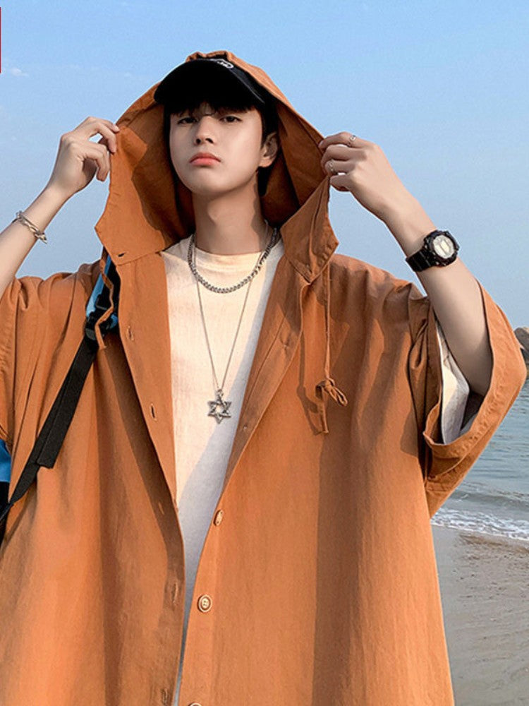 Gmiixder Hooded Short-sleeved Shirts for Men Women Japan Summer Trend Cityboy Solid Blouse Unisex Cargo Button Up Shirt Jacket