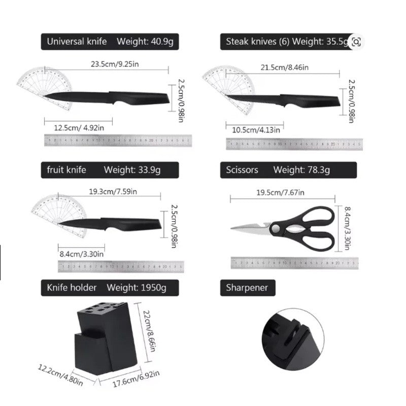 Conjunto de Facas, 15 Peças Conjunto de Facas de Cozinha com Bloco Autoafiável, Lavável na Lava-louças, 6 Facas de Carne, Cabo Antiderrapante, Preto