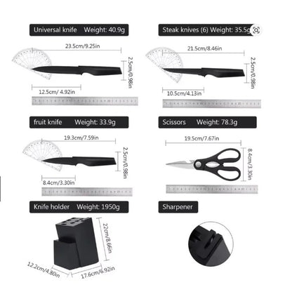 Conjunto de Facas, 15 Peças Conjunto de Facas de Cozinha com Bloco Autoafiável, Lavável na Lava-louças, 6 Facas de Carne, Cabo Antiderrapante, Preto