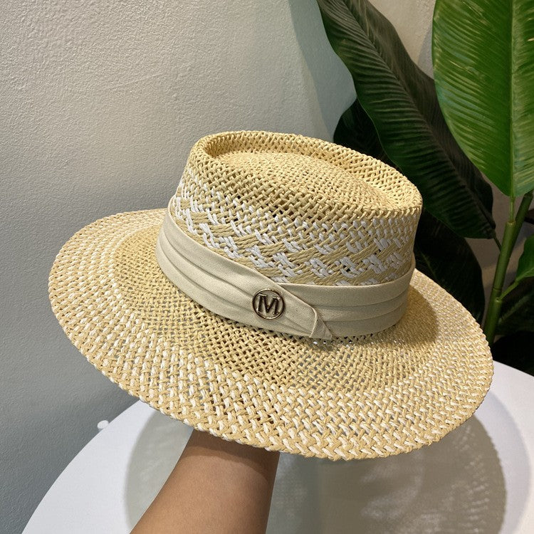 Chapéu de Palha Feminino de Verão Chapéu de Sol Luxuoso Feminino Chapéu de Praia de Proteção Solar da Moda Chapéu Panamá Francês Chapéu Raff de Aba Larga com Topo Abaulado
