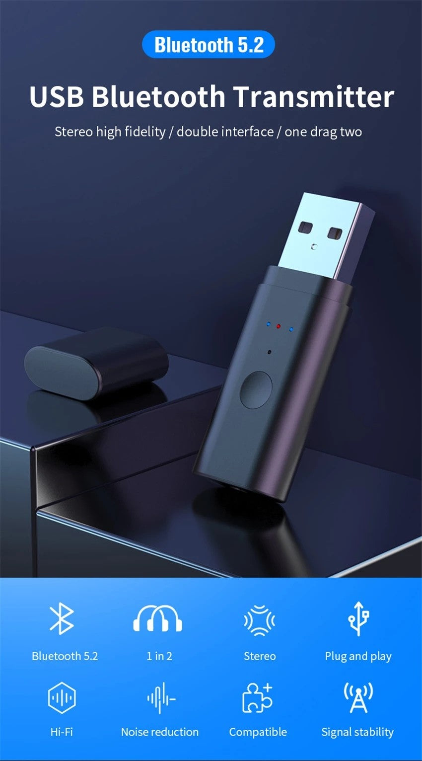 Adaptador Transmissor de Áudio Sem Fio Divisor Bluetooth Para 2 Fones de Ouvido Funcionando Juntos, 2 Fones de Ouvido Sem Fio Tocando Juntos