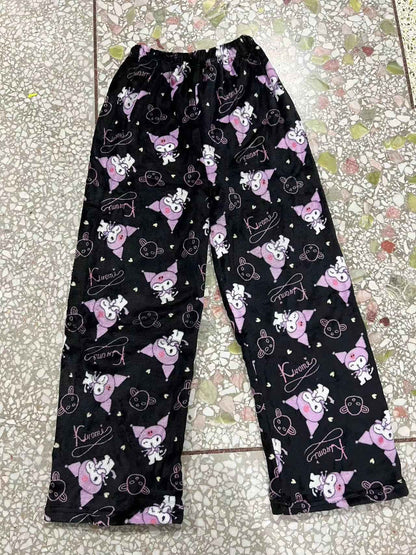 Pijama de Veludo Kawaii Hello Kitty Natal, Anime e Desenho Kuromi Outono e Inverno Roupas de Casal Casuais Soltas e Quentes para o Lar