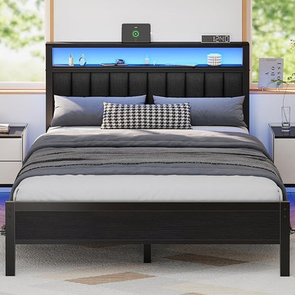 Queen Size Bed Frame with Charging Station and LED Lights, Platform Bed with Metal Slats, Grey Upholstered Headboard wi
