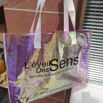 Wholesale 200pcs/Custom Logo Laser Holographic Iridescent PVC Tote Bag Luxury Fashion Beach Shopping Tote Bag Waterproof Bag