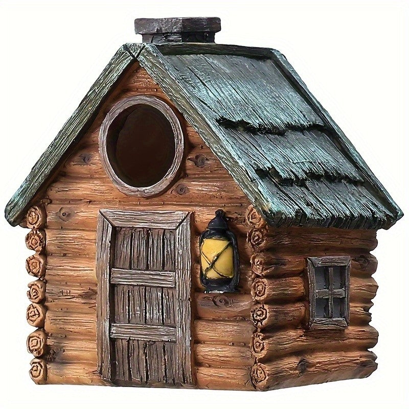 Casa de Pássaro Rústica para Jardim, Resina ABS Durável com Telhado de Madeira. Ideal para Observação de Pássaros e Decoração Externa. Não Precisa de Bateria.