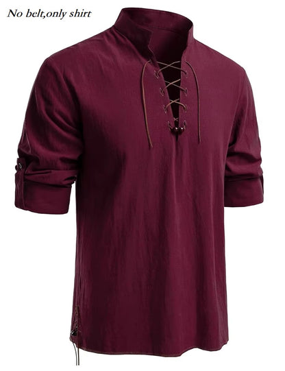 Runcati Mens Medieval Pirate Shirt Cotton Retro Lace Up Renaissance Shirts Viking Long Sleeve Halloween Costume Tops