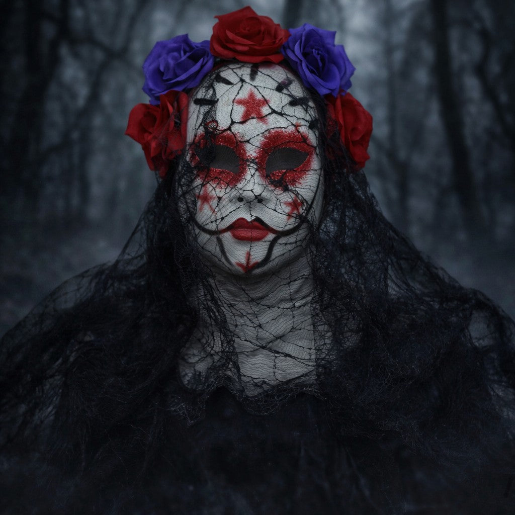 Gothic Bride Skull Mask, Black Veil & Rose Decorated Full Face Mask for Halloween, Cosplay and Party