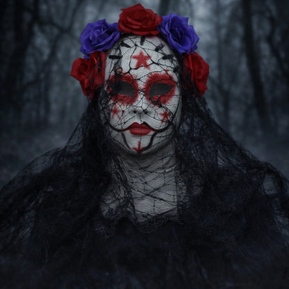 Gothic Bride Skull Mask, Black Veil & Rose Decorated Full Face Mask for Halloween, Cosplay and Party