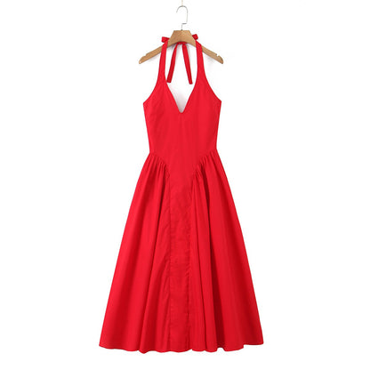 YENKYE Sexy Backless Green Elegant Halter Dress For Women Low Waist A-line Midi
