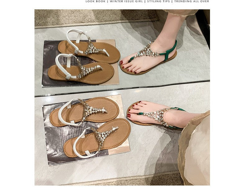 Summer New Flat Transparent Rhinestones Pintoe Women's Sandals, Fashion Casual Light Beach Cool, Shoes Women