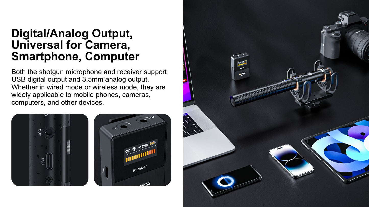 Comica VM30 2.4G Microfone Shotgun Sem Fio Supercardioide Microfone On-camera com Controle de Ganho para Câmera, Smartphone, Computador