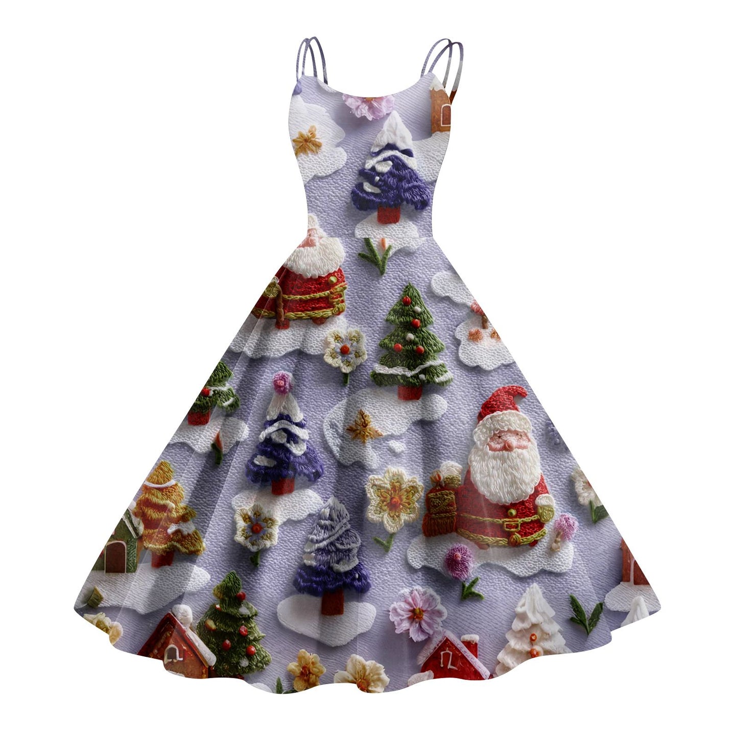 High Quality Cute Women's Casual Fashion Round Neck Christmas Print Mid-Length Dress Pretty Sweet Christmas Suspender Dress