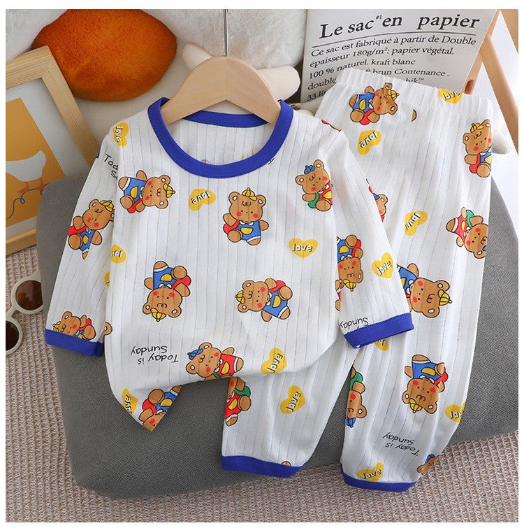 Kids Boys Girls Summer Cotton Thin Pajamas Cute Cartoon Print Long Sleeve T-shirt Tops+Pants Baby Clothing Sets