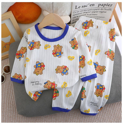 Kids Boys Girls Summer Cotton Thin Pajamas Cute Cartoon Print Long Sleeve T-shirt Tops+Pants Baby Clothing Sets