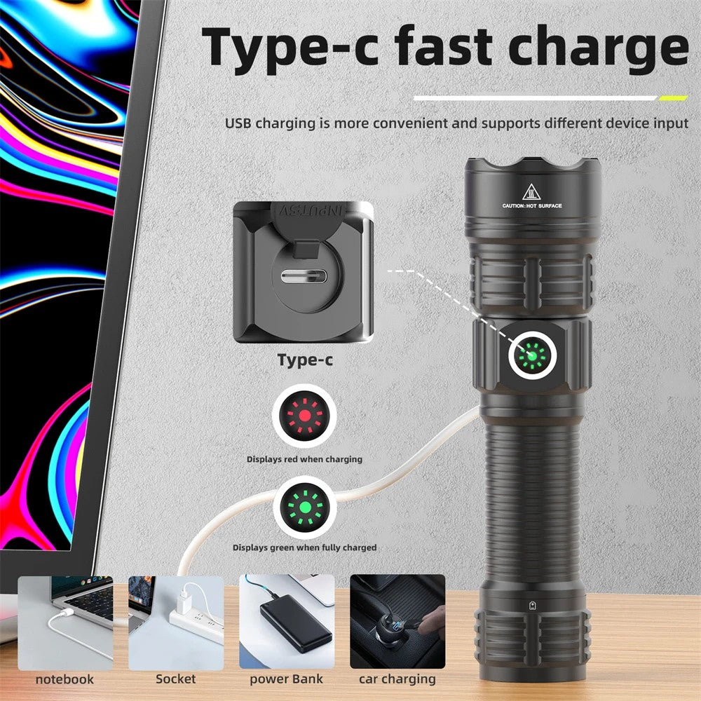2000LM USB-C Rechargeable LED Flashlight Zoomable Beam Waterproof Outdoor Light with Mount Strobe Mode for Camping Cycling Emergency