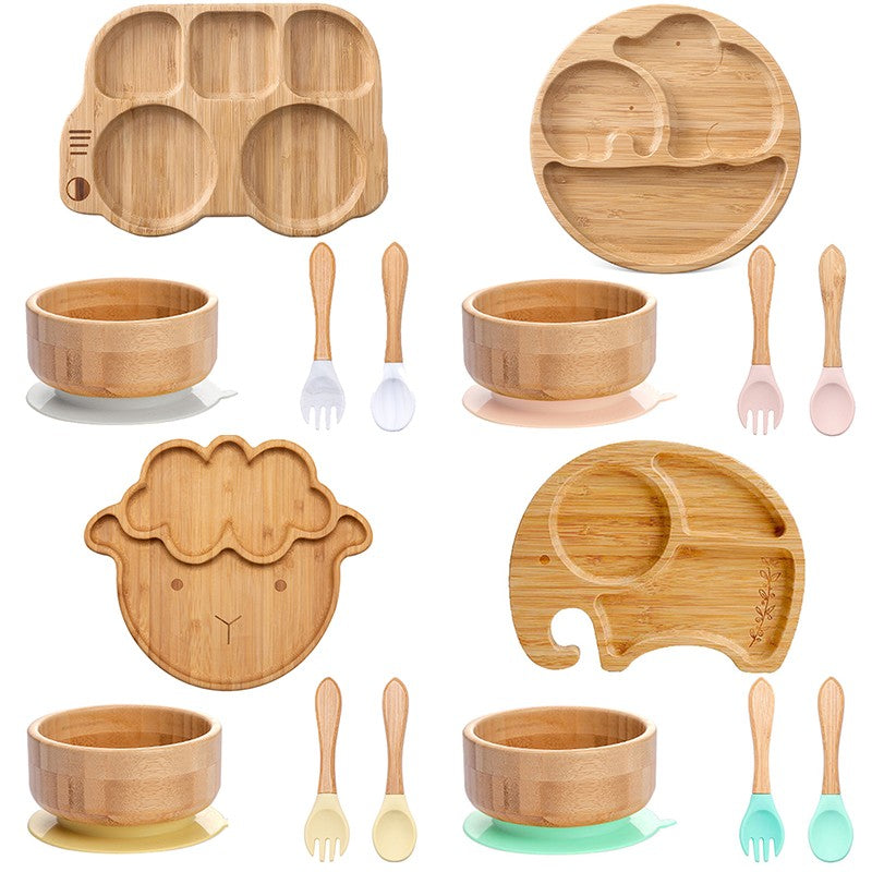 4pcs Bamboo Plate Sets Baby Feeding Bowl Wooden Kids Feeding Supplies Spoon Fork for Baby Tableware Suction Plate Bowl Cup