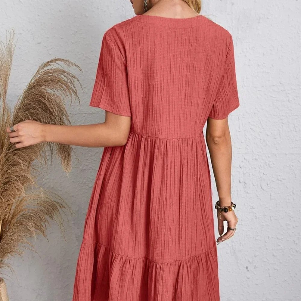Women Summer Peplum Dresses Spring V-Neck Short Sleeve Loose Waist Ruffle Fit Fl