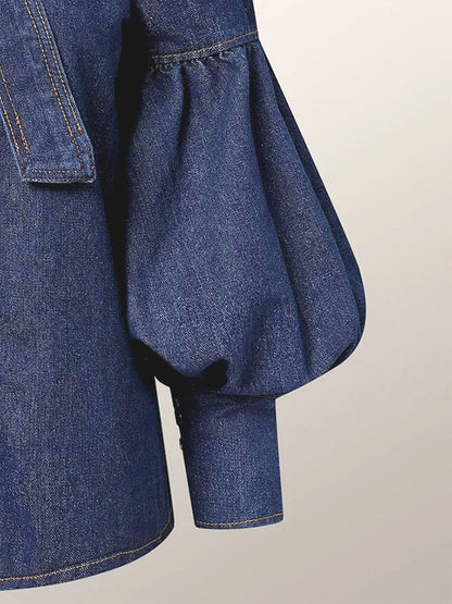 Gymystars New Trendy Imitation Denim Blouse Tops for Women Long Puff Sleeves Bow-Embellished High Neck Women's Autumn Shirts