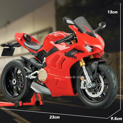 Modelos de motocicleta em miniatura 1:9 Scale 1299 V4S Brinquedos de motocicleta de liga leve com som, luz e absorção de choque, motocicletas de ornamento para presentes infantis