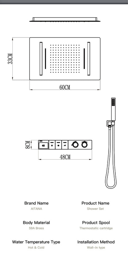 Sistema de chuveiro de teto luxuoso em latão cinza escuro com temperatura constante e display digital LED de água quente e fria, torneira de banheiro embutida