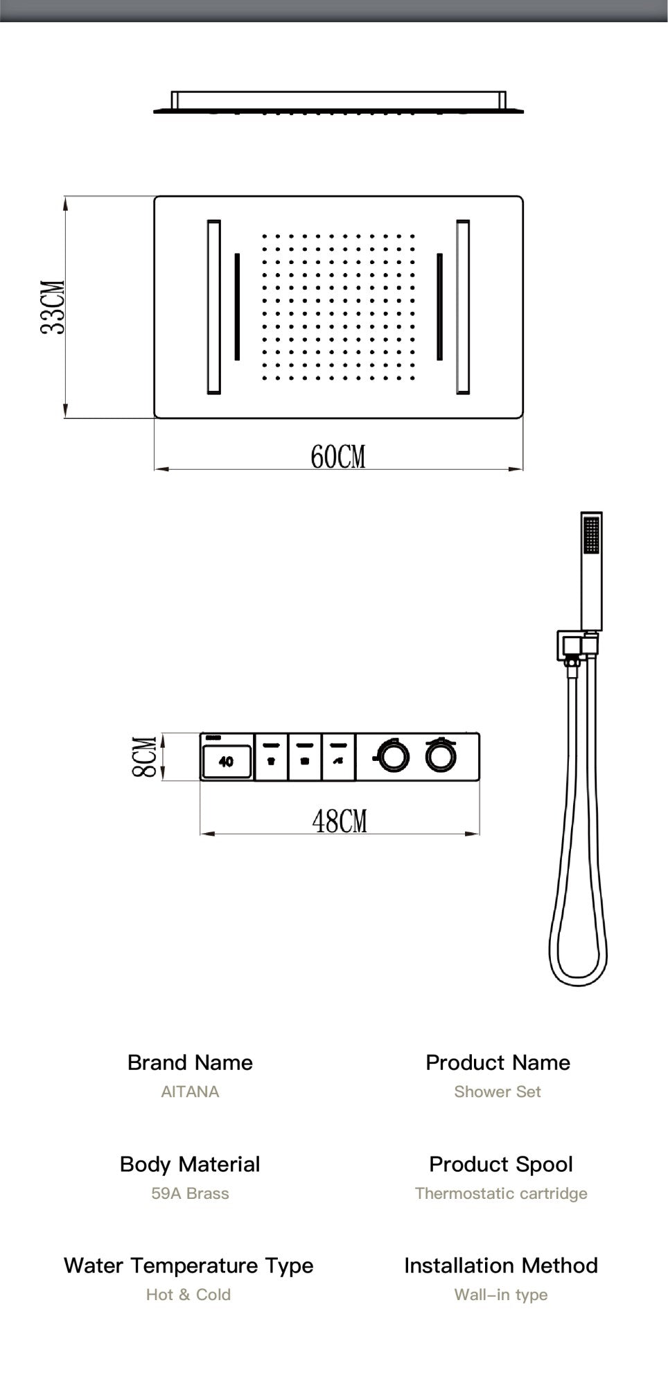 Sistema de chuveiro de teto luxuoso em latão cinza escuro com temperatura constante e display digital LED de água quente e fria, torneira de banheiro embutida