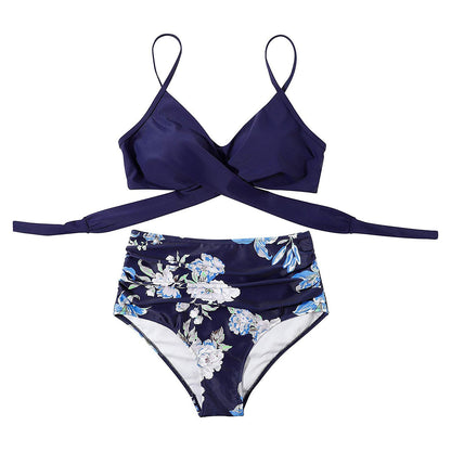 bikini Beach Style Floral Printed Women's Swimsuit Cross High Waisted Tow-piece For Teenagers biquinis feminino tendência 2024