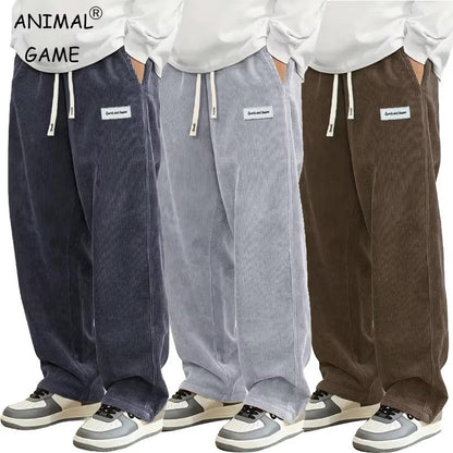Calças masculinas de veludo cotelê outono, casuais, folgadas, retas, com elástico na cintura e cordão, para uso externo e streetwear