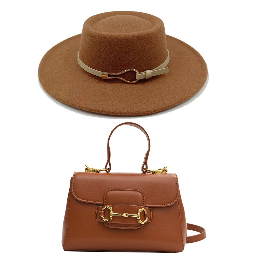 Acessórios femininos de fivela de couro metal com chapéu de feltro de pele com top côncavo e convexo, chapéu fedora e conjunto de bolsa combinando, estilo retrô
