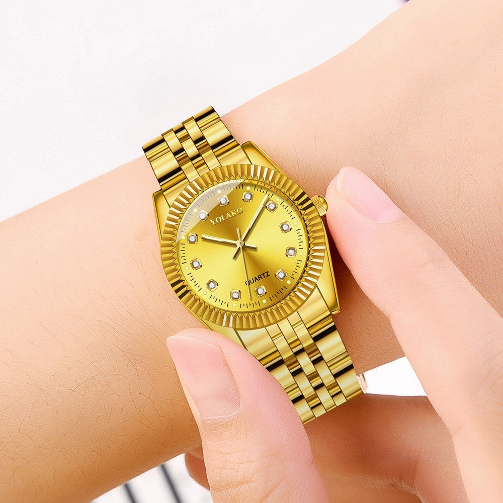 Watches for Women Simple Casual Student Fashion Quartz Diamond-Encrusted Steel Band Calendar Gold Set Men's Watch Couple
