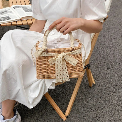 Straw Tote Hand Bags Summer Pearl Handle Handmade Knitted Handbag Storage Rattan Weaving Basket Shoulder Bag Women Girls