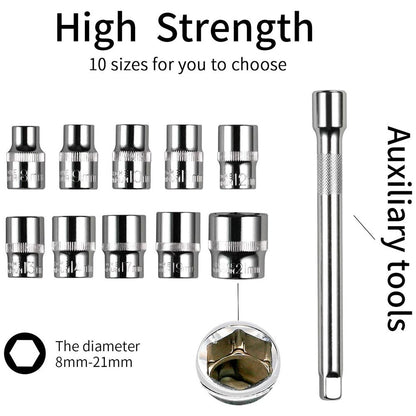 Conjunto de 12 peças de chaves de soquete e catraca, tamanhos 1/4, 3/8, 1/2, kit de ferramentas com haste de extensão e 10 conjuntos de reparos comuns