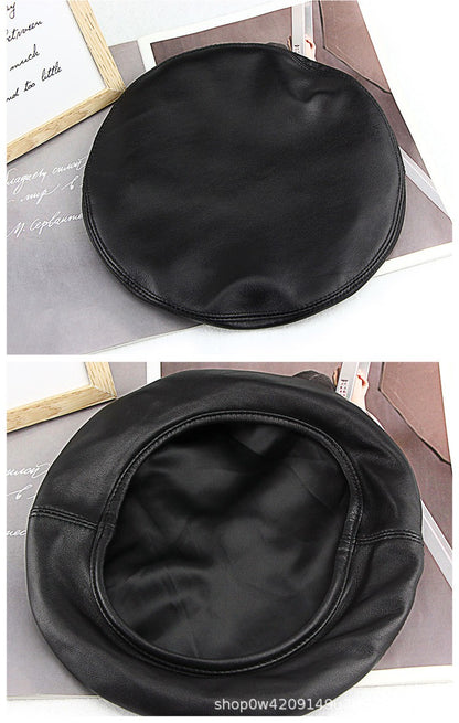 Autumn Winter Women's Genuine Sheep Leather Beret Vintage British Style Painter Hat Versatile Casual Real Leather Headwear