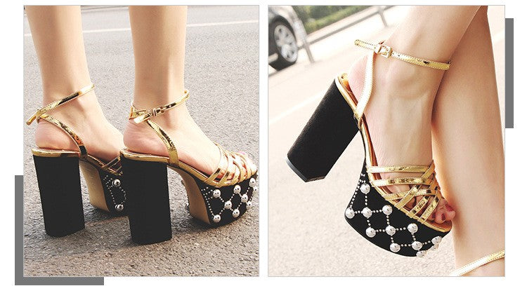 Luxury Brand Women's Summer Fashion Metal Platform Sandals Large 34-42 Super High Heel Thick Bottom Rivet Party Women's Shoes