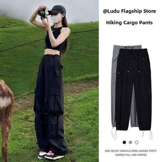 Black American Workwear Pants Women's Loose Straight Leg Casual Wide Leg Pants Cool Windbreaker Sports Pants Autumn Winter Sp...