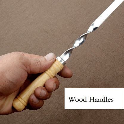 55cm Wood BBQ Fork BBQ Skewers Long Handle Kebab Barbecue Grill Sticks Reusable Stainless steel Outdoor Camping Grill Needle