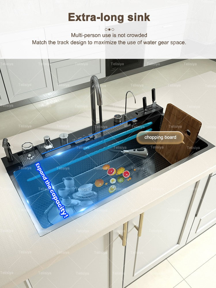 Stainless Steel kitchen Sink With Waterfall Golden Large Single Slot Multifunctional Digital Display Sinks 100*50CM
