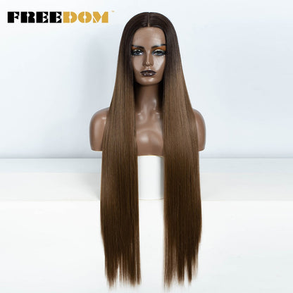 Peruca frontal de renda sintética FREEDOM para mulheres, 38 polegadas, longa, lisa, ombré, marrom, vermelho, gengibre, destaque, perucas frontais de renda, peruca de cosplay