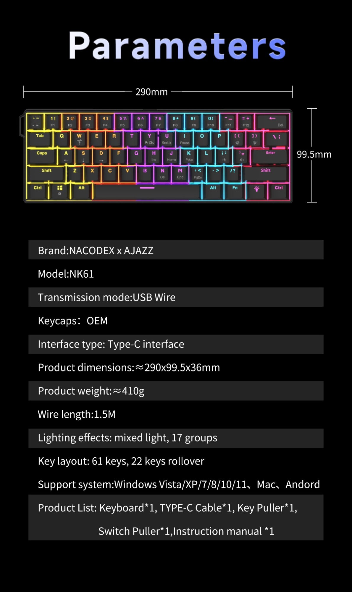 Teclado Mecânico Gamer com Fio Ajazz NK61 Efeitos de Iluminação RGB Suporta Teclas Hot-Swappable 61 Teclas Teclado Mecânico Gamer