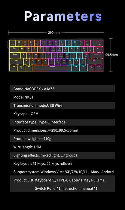Teclado Mecânico Gamer com Fio Ajazz NK61 Efeitos de Iluminação RGB Suporta Teclas Hot-Swappable 61 Teclas Teclado Mecânico Gamer