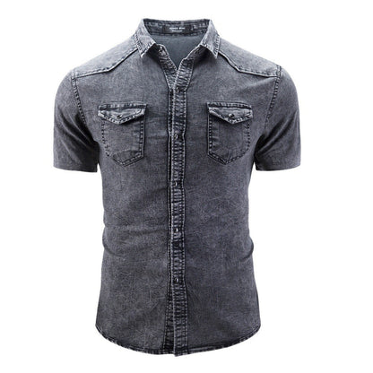 New Men's Fashion Short Sleeve Denim Shirt Soft Solid Color Slim Fit Cowboy Top for Men