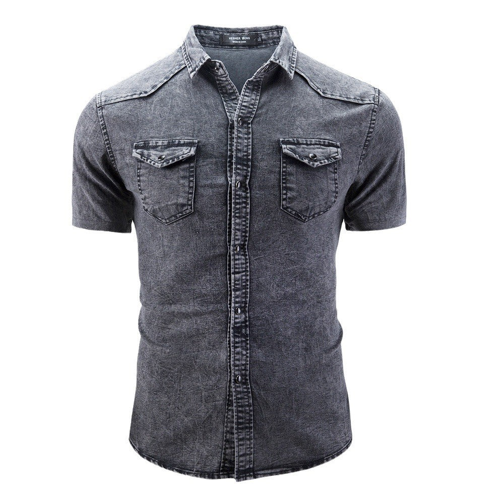 New Men's Fashion Short Sleeve Denim Shirt Soft Solid Color Slim Fit Cowboy Top for Men